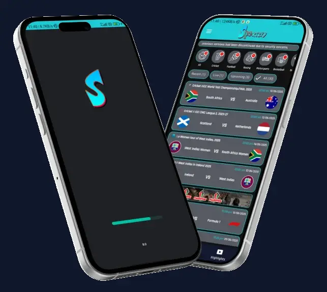 Sportzfy app on Android — live matches, sport categories, and bottom navigation